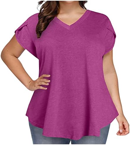 Wenini plus vrhovi veličine za žene - Ženska kauzalni v vrat Solid Print bluza majica s kratkim rukavima Ljetni vrhovi za