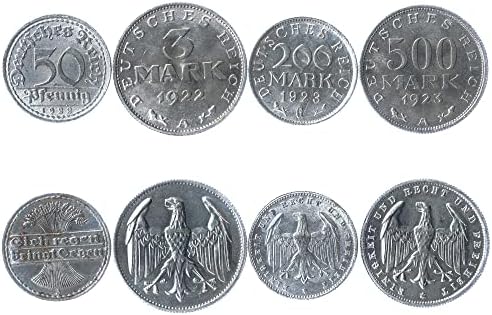 4 kovanice iz Njemačke | Njemačka kolekcija kovanica 50 Pfennig 3 200 500 Mark | Cirkulirano 1919-1923 | Carski orao