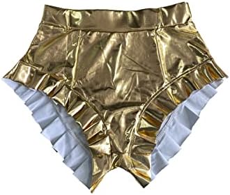 QFMQKPI Žene seksi kratke hlače s visokim strukom sjajne metalne plijene kratke hlače 90s ruffle trim noćni klub vruće hlače