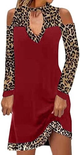 Nokmopo duge haljine za žene casual leopard u boji ploča s rame dugih rukava ravna haljina