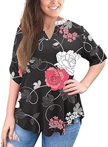Ženska cvjetna majica za print majica Top Summer Casual Workout Plus veličine vrhovi 3/4 Košulje s rolanjem vrpce V vrat