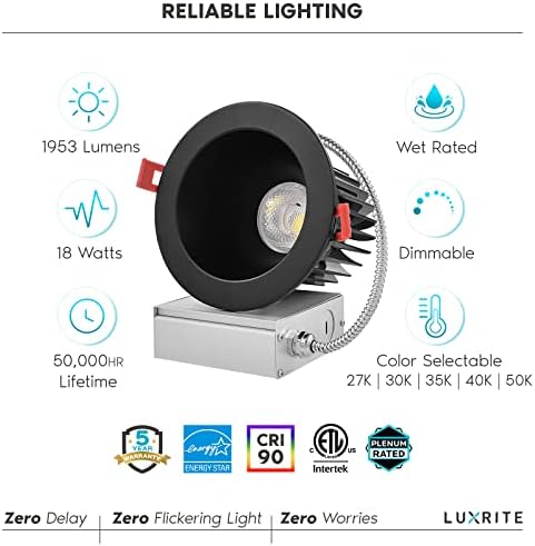 4-inčna LED ugradbena rasvjeta s razvodnom kutijom, 18 vata, 90, 5 boja po izboru, 2700K - 5000K, 1500 lumena, regresivno